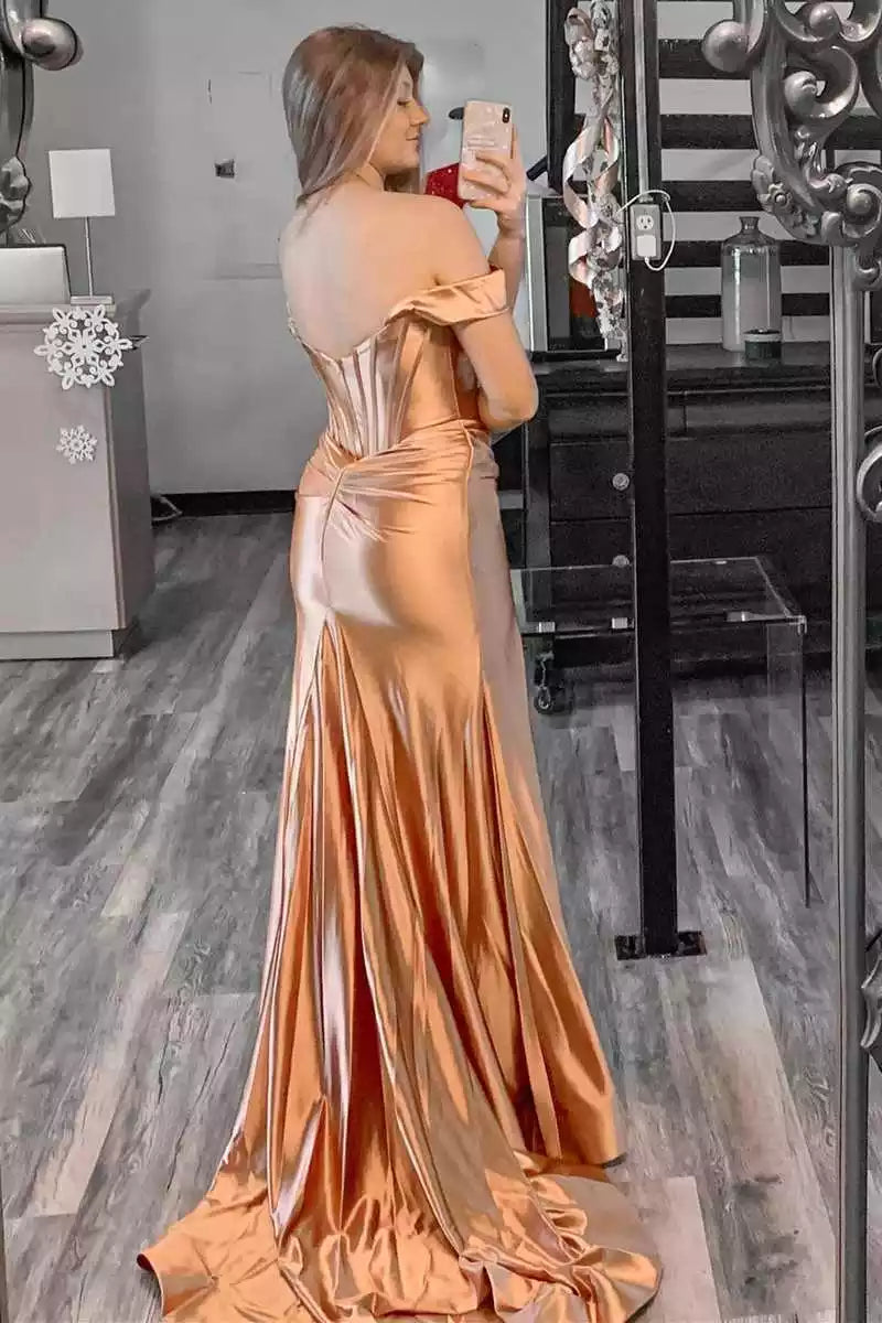 Opulent Rose Gold Satin Mermaid Gown with Off-the-Shoulder Neckline & Train