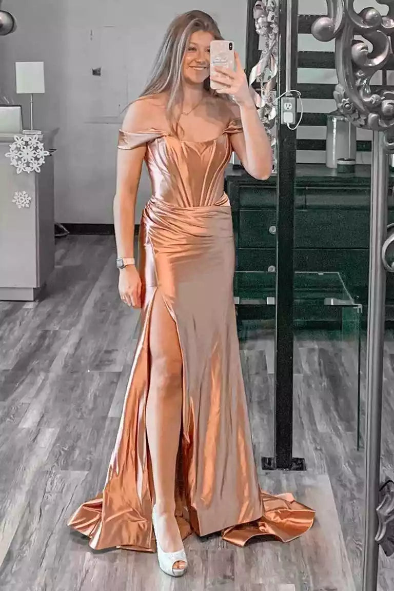 Opulent Rose Gold Satin Mermaid Gown with Off-the-Shoulder Neckline & Train