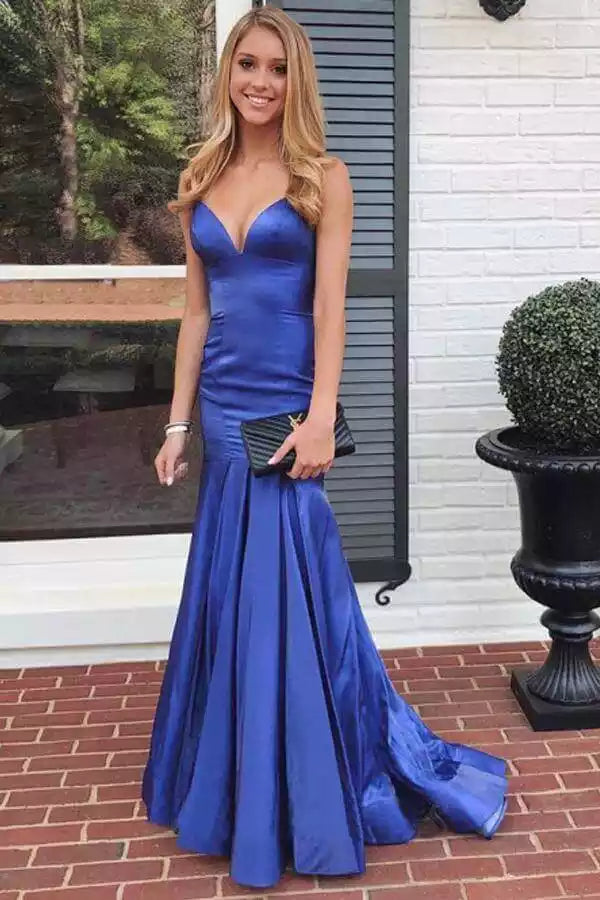 Opulent Royal Blue Satin Mermaid Gown with Deep V-Neck