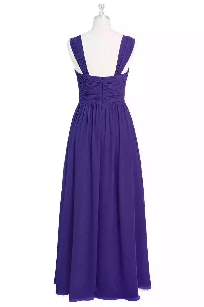 Opulent Royal Purple Chiffon Gown with Square Neck & Ruched Bodice