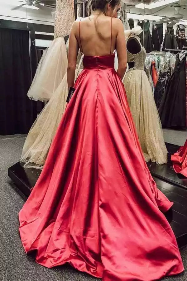 Opulent Ruby Red Satin Gown with Spaghetti Straps & Ballgown Silhouette