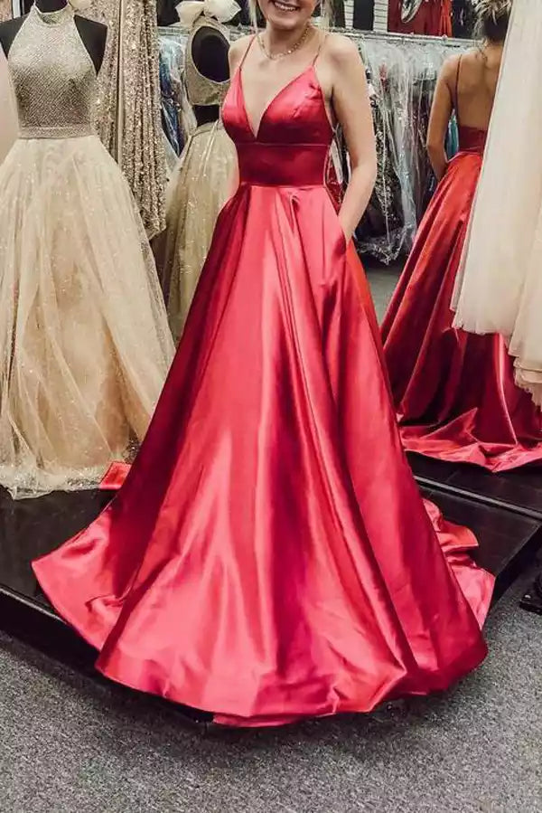 Opulent Ruby Red Satin Gown with Spaghetti Straps & Ballgown Silhouette
