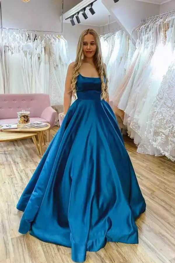 Opulent Teal Satin Gown with Crisscross Back & Ballgown Silhouette