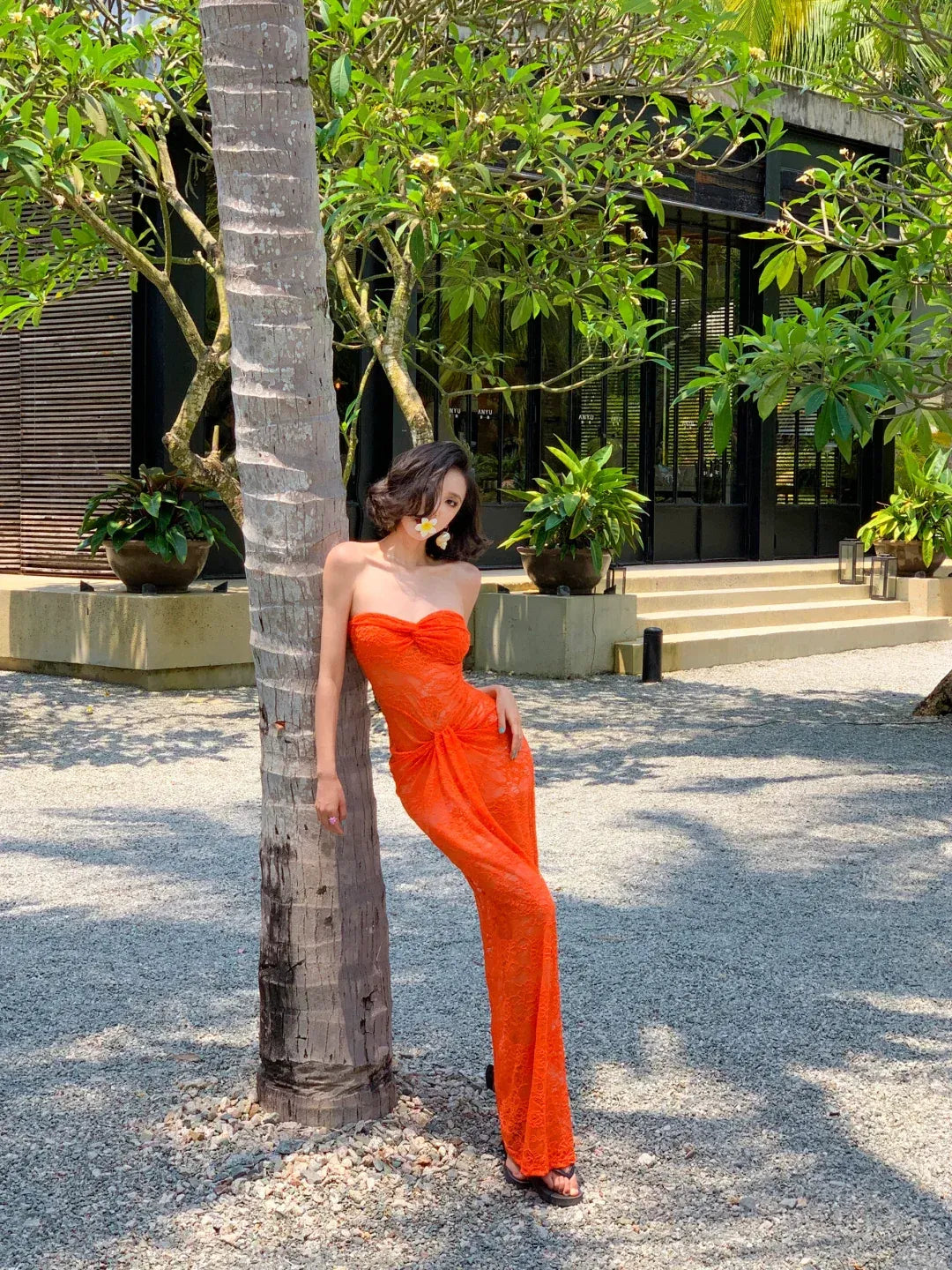 Orange Lace Strapless Sweetheart Neck Maxi Dress