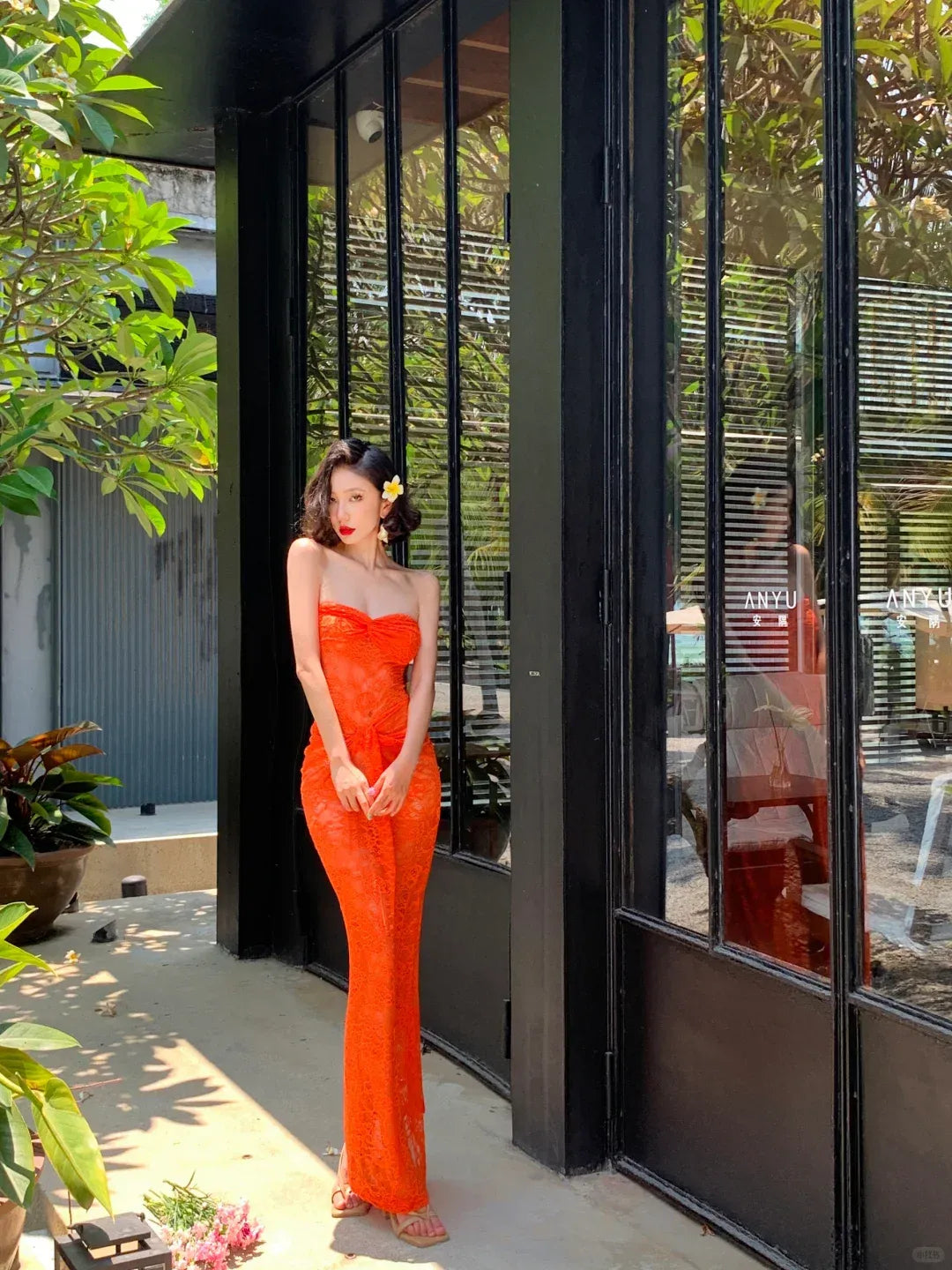 Orange Lace Strapless Sweetheart Neck Maxi Dress