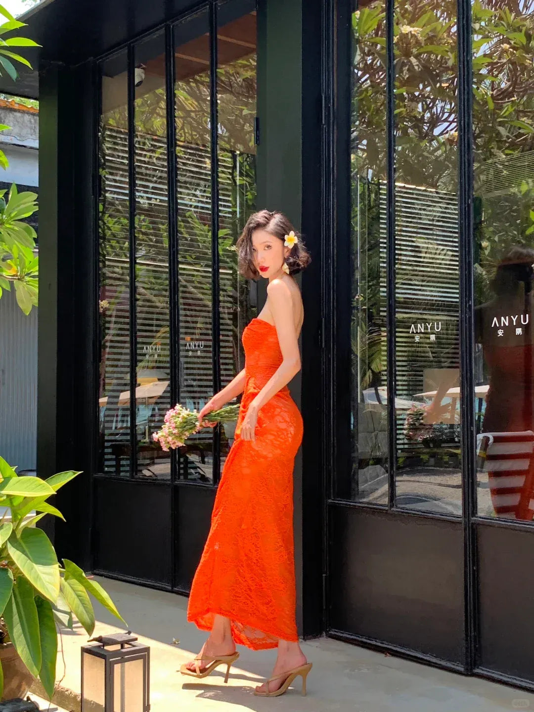 Orange Lace Strapless Sweetheart Neck Maxi Dress