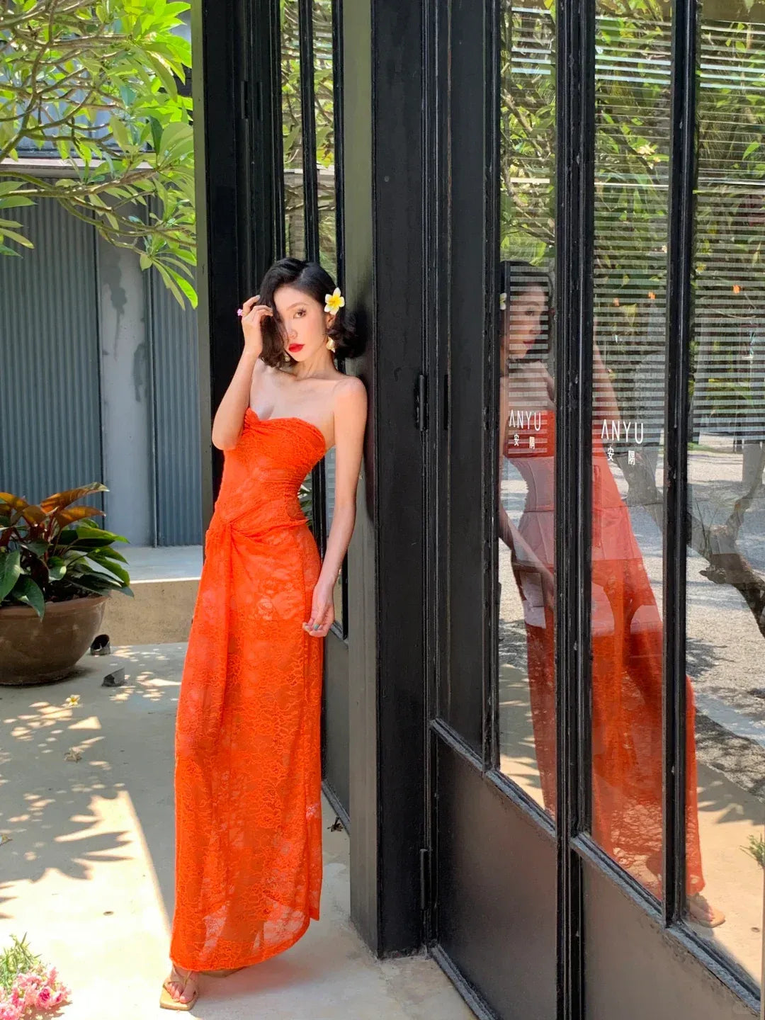 Orange Lace Strapless Sweetheart Neck Maxi Dress