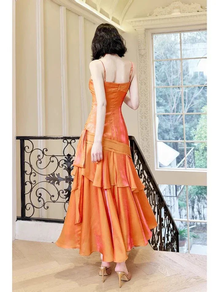 Orange Metallic Ruffle Mermaid Gown with Side Sash