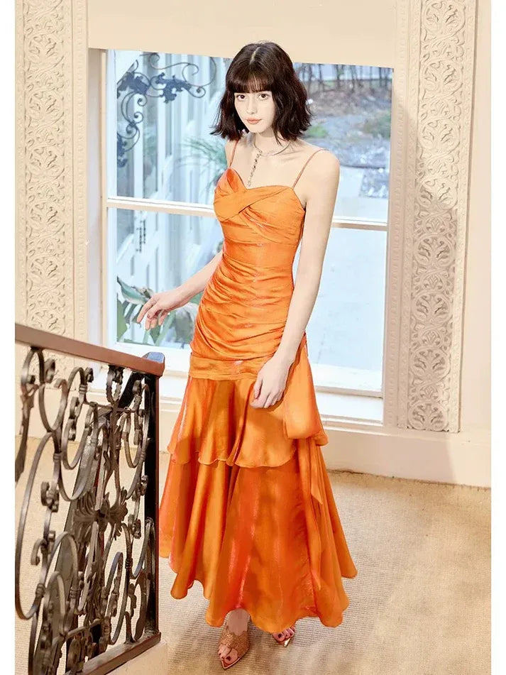Orange Metallic Ruffle Mermaid Gown with Side Sash