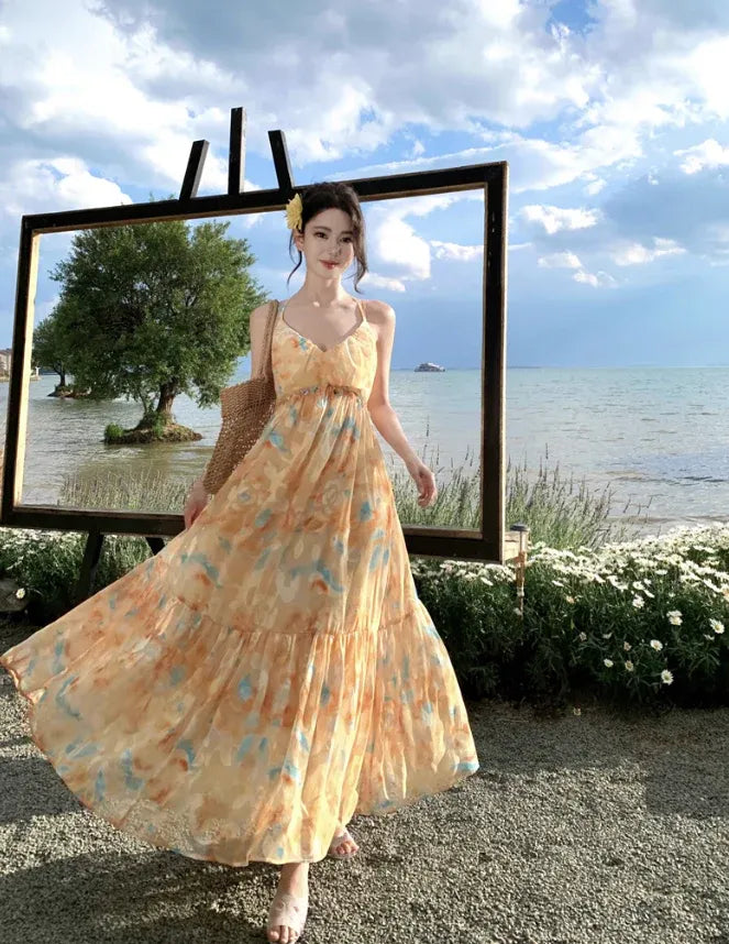 Orange & Blue Tie-Dye Tiered Maxi Dress