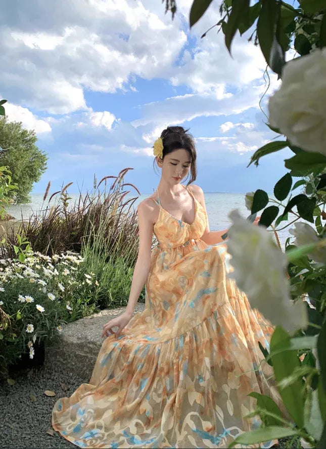 Orange & Blue Tie-Dye Tiered Maxi Dress