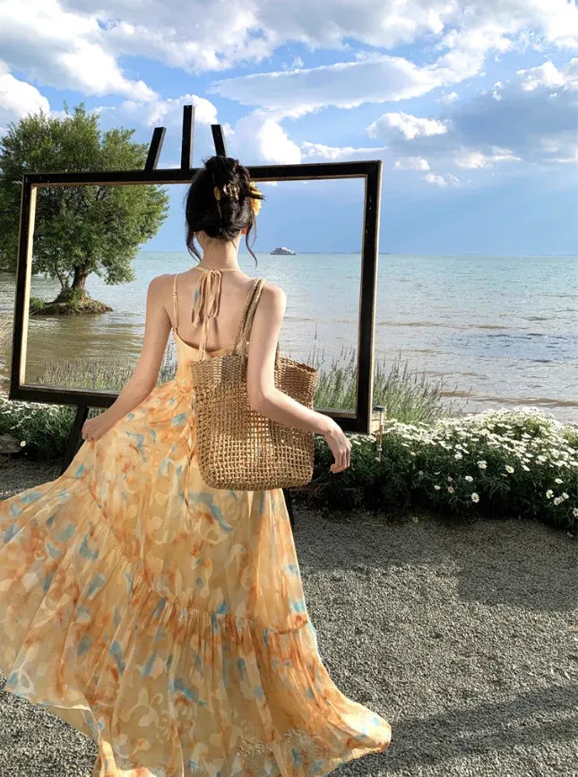 Orange & Blue Tie-Dye Tiered Maxi Dress
