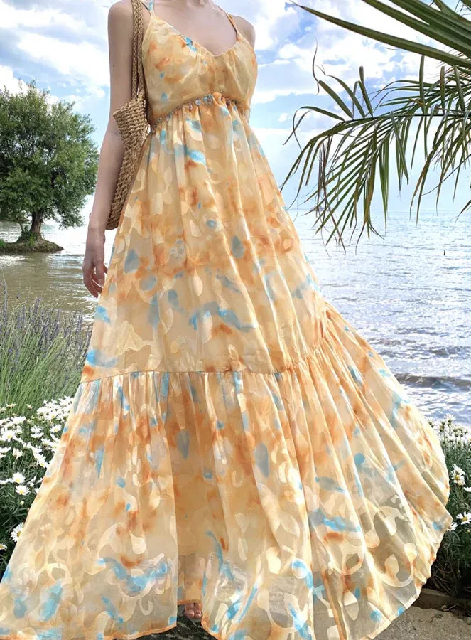 Orange & Blue Tie-Dye Tiered Maxi Dress