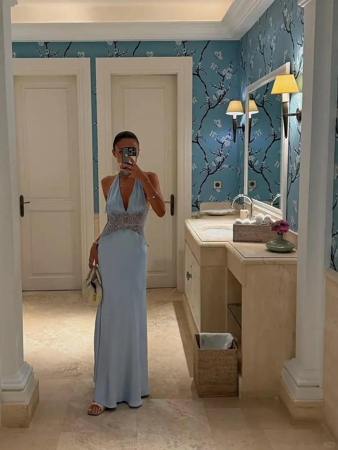 Pale Blue Halter Maxi Dress – Lace Waist Backless Satin Gown