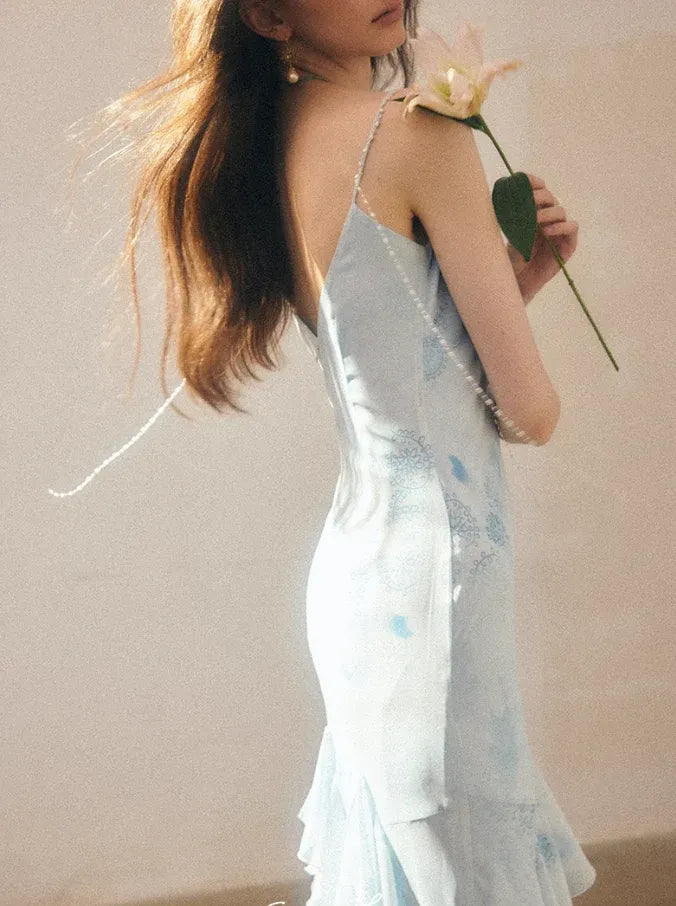 Pale Blue Tie-Dye Ruffle Strap Maxi Dress