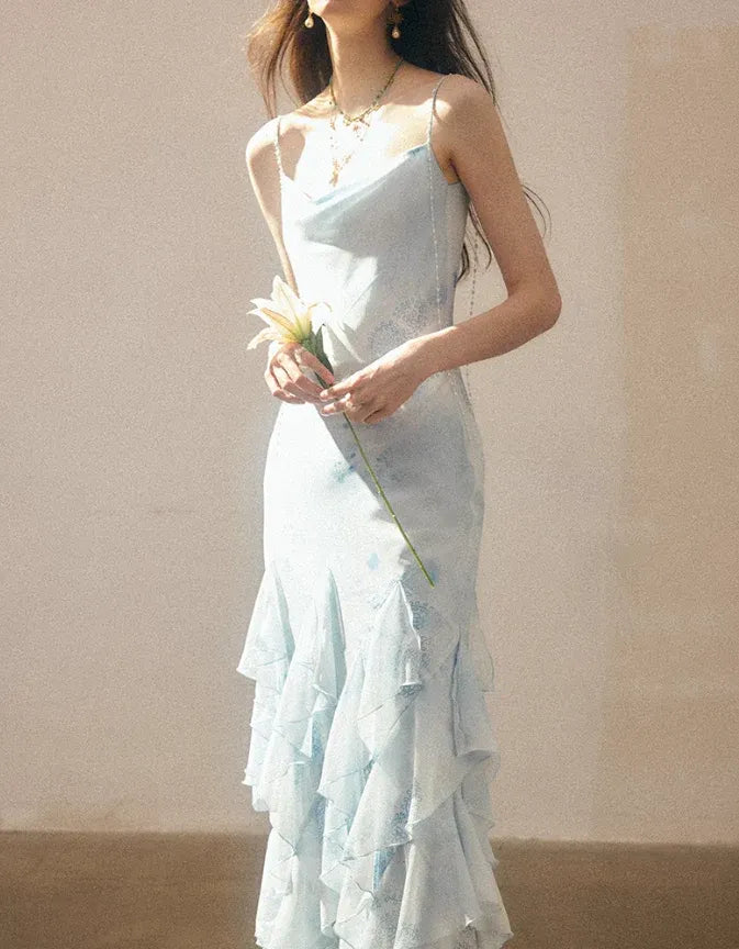 Pale Blue Tie-Dye Ruffle Strap Maxi Dress