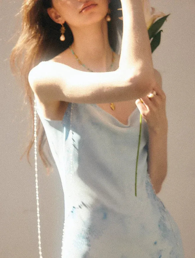 Pale Blue Tie-Dye Ruffle Strap Maxi Dress