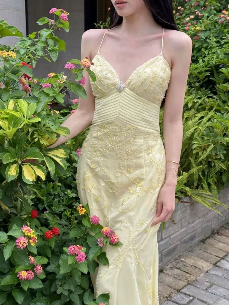 Pale Yellow Beaded Tulle Mermaid Gown with Back Bow