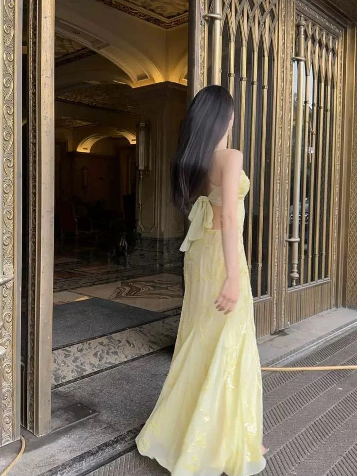 Pale Yellow Beaded Tulle Mermaid Gown with Back Bow