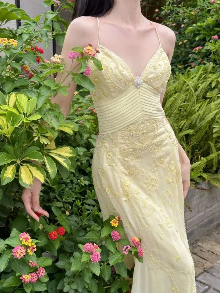 Pale Yellow Beaded Tulle Mermaid Gown with Back Bow