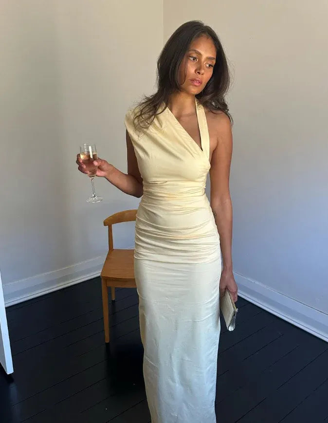 Pale Yellow One-Shoulder Halter Ruched Maxi Dress