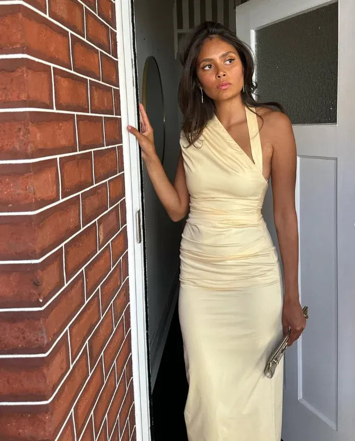 Pale Yellow One-Shoulder Halter Ruched Maxi Dress