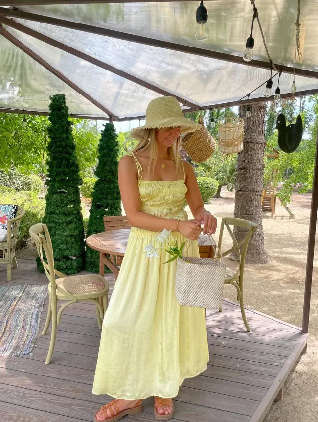 Pale Yellow Smocked Bust Spaghetti Strap Linen-Blend Maxi Dress