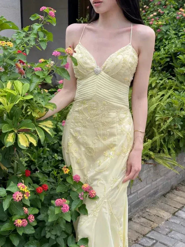 Pale Yellow Spaghetti-Strap Beaded Mermaid Evening Gown with Back Bow