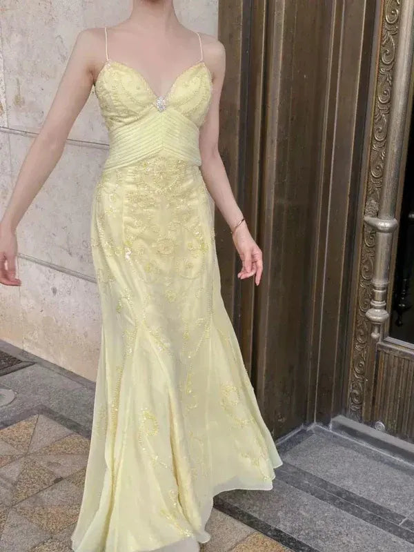 Pale Yellow Spaghetti-Strap Beaded Mermaid Evening Gown with Back Bow