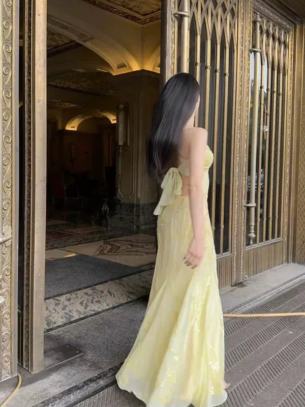 Pale Yellow Spaghetti-Strap Beaded Mermaid Evening Gown with Back Bow
