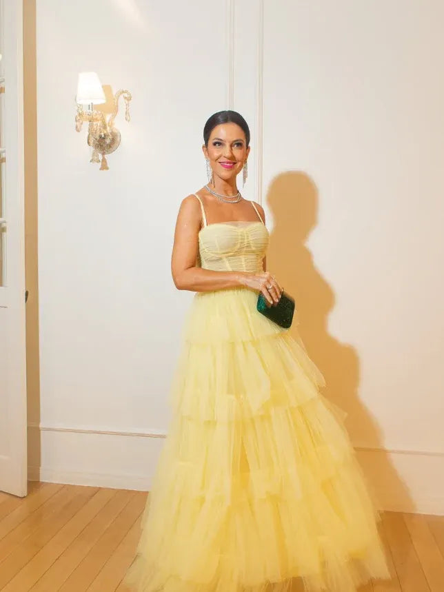 Pale Yellow Spaghetti Strap Tiered Tulle Maxi Gown