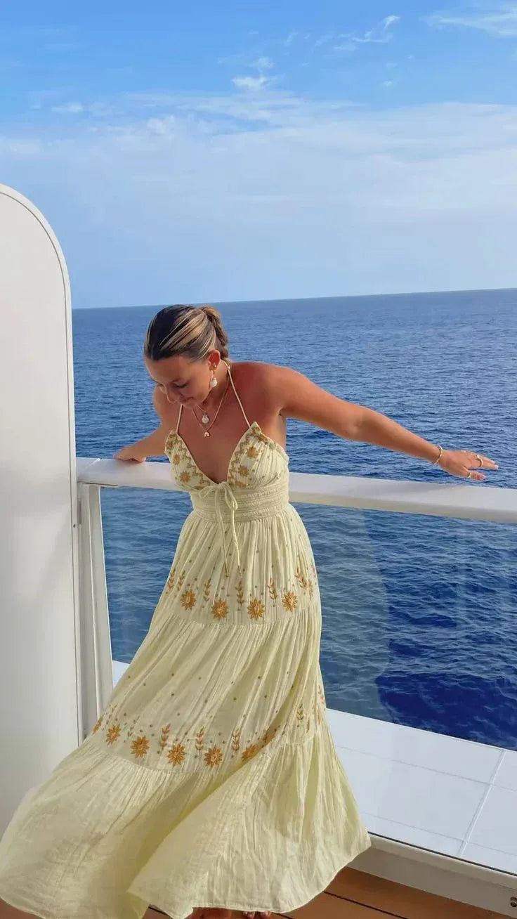 Pale Yellow Sunflower Embroidered Maxi Dress – Halter Backless Beach Dress