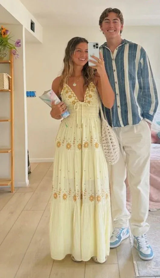 Pale Yellow Sunflower Embroidered Maxi Dress – Halter Backless Beach Dress