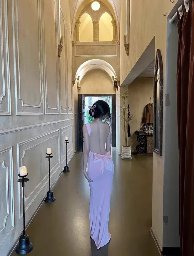 Pastel Pink Cowl Neck Open Back Bow Midi Dress