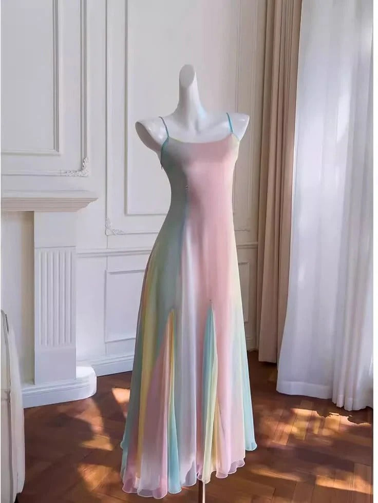 Pastel Rainbow Gradient Chiffon Spaghetti Strap Maxi Gown
