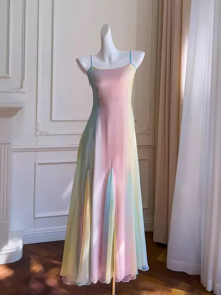Pastel Rainbow Gradient Chiffon Spaghetti Strap Maxi Gown