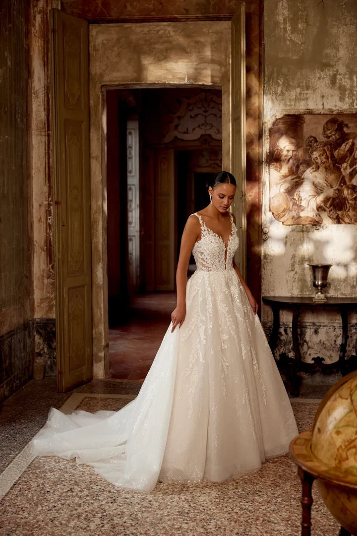 Patterned Glitter Tulle Ball Gown with Illusion Sabrina Neckline Wedding Dresses