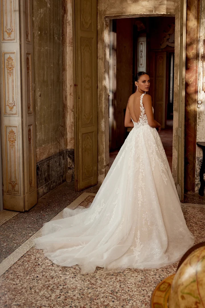 Patterned Glitter Tulle Ball Gown with Illusion Sabrina Neckline Wedding Dresses