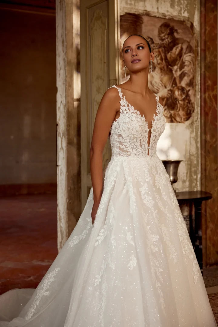 Patterned Glitter Tulle Ball Gown with Illusion Sabrina Neckline Wedding Dresses