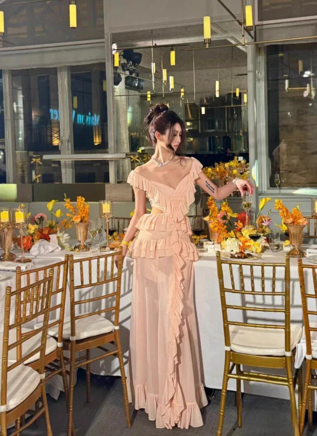 Peach Chiffon Off-The-Shoulder Ruffled Maxi Gown