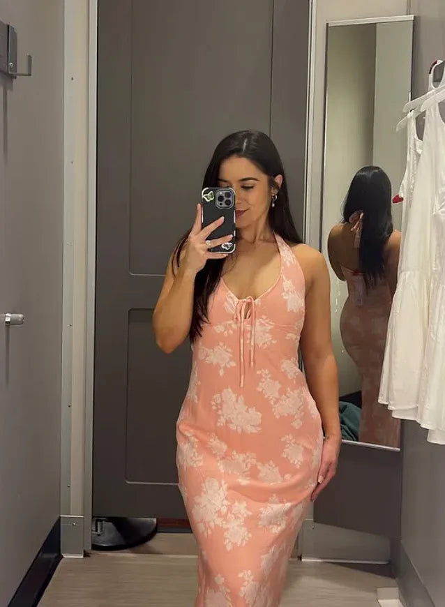 Peach Floral Halter Neck Tie Front Maxi Dress