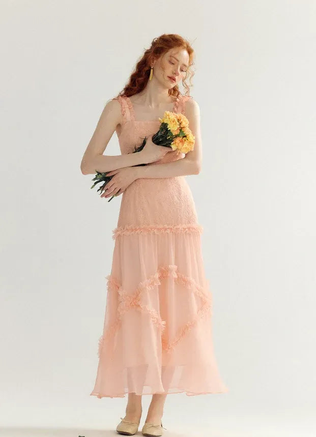 Peach Jacquard Ruffle Strap Tiered Maxi Dress – Romantic Summer Gown