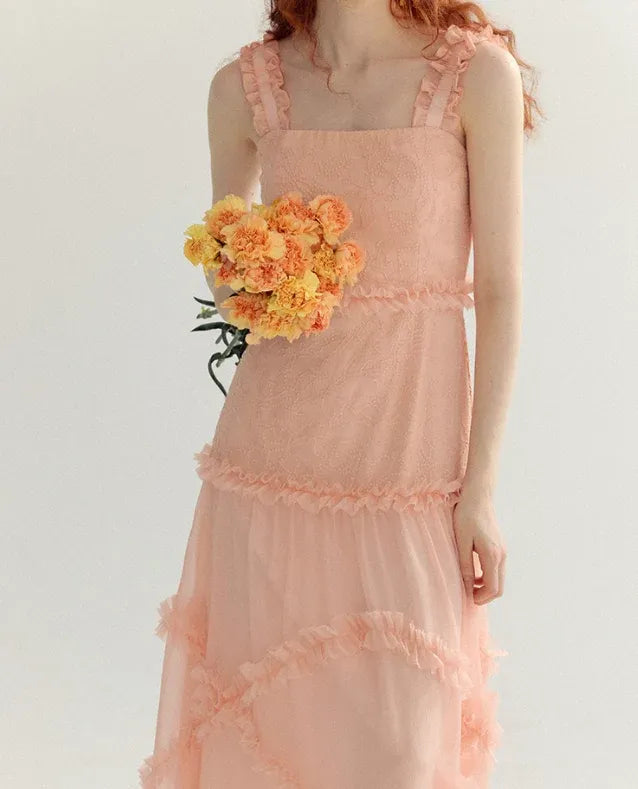 Peach Jacquard Ruffle Strap Tiered Maxi Dress – Romantic Summer Gown