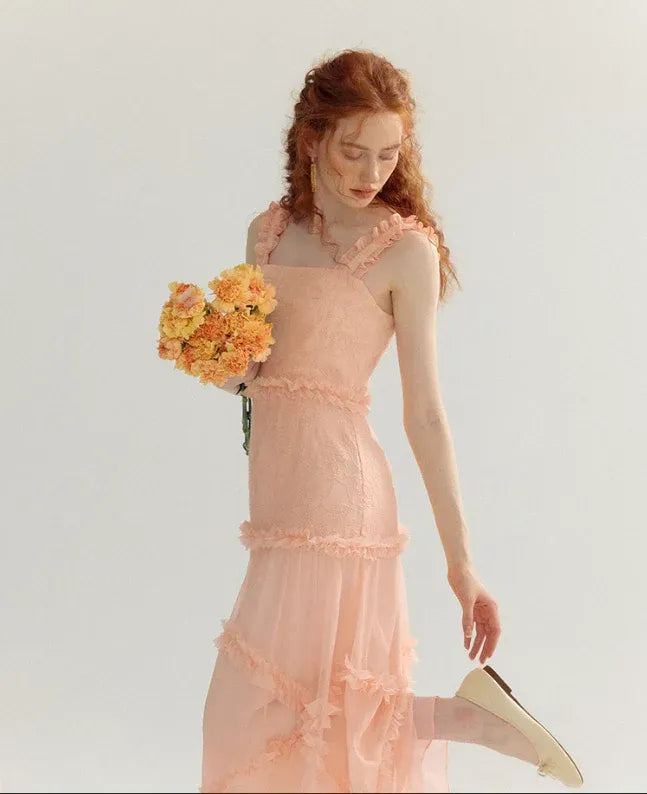 Peach Jacquard Ruffle Strap Tiered Maxi Dress – Romantic Summer Gown