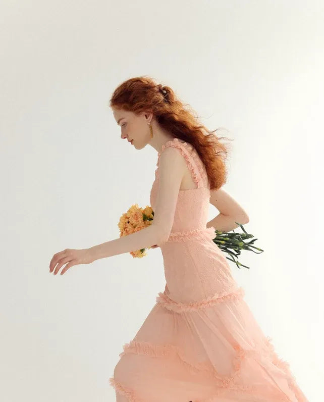 Peach Jacquard Ruffle Strap Tiered Maxi Dress – Romantic Summer Gown