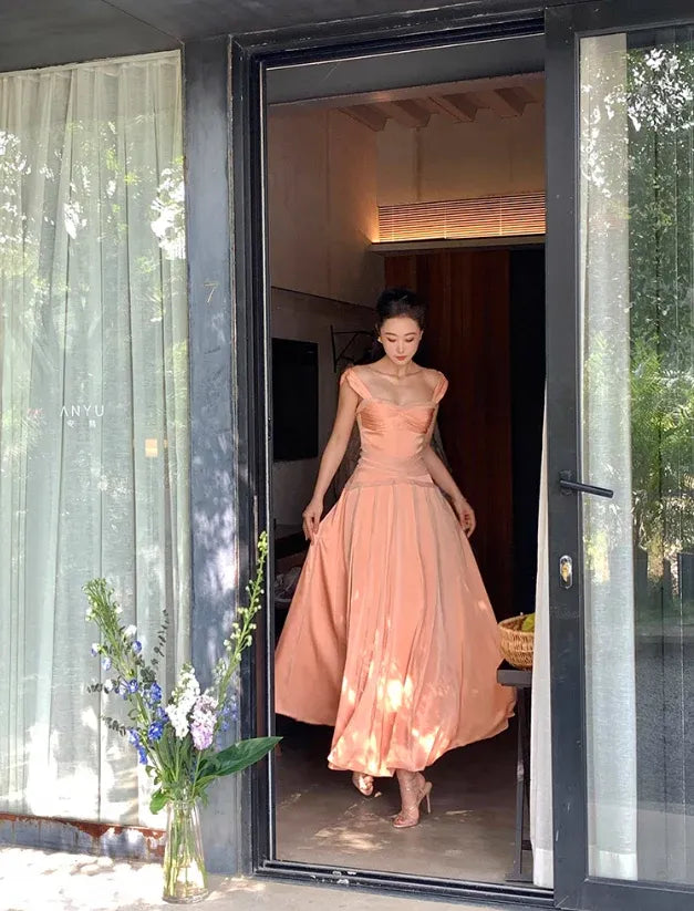 Peach Pink Satin Backless Cap Sleeve A-Line Maxi Dress