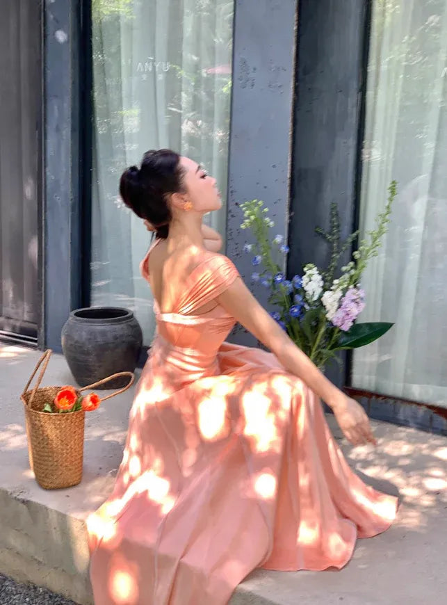 Peach Pink Satin Backless Cap Sleeve A-Line Maxi Dress