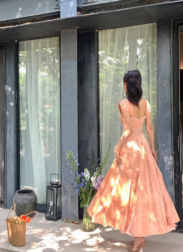 Peach Pink Satin Backless Cap Sleeve A-Line Maxi Dress
