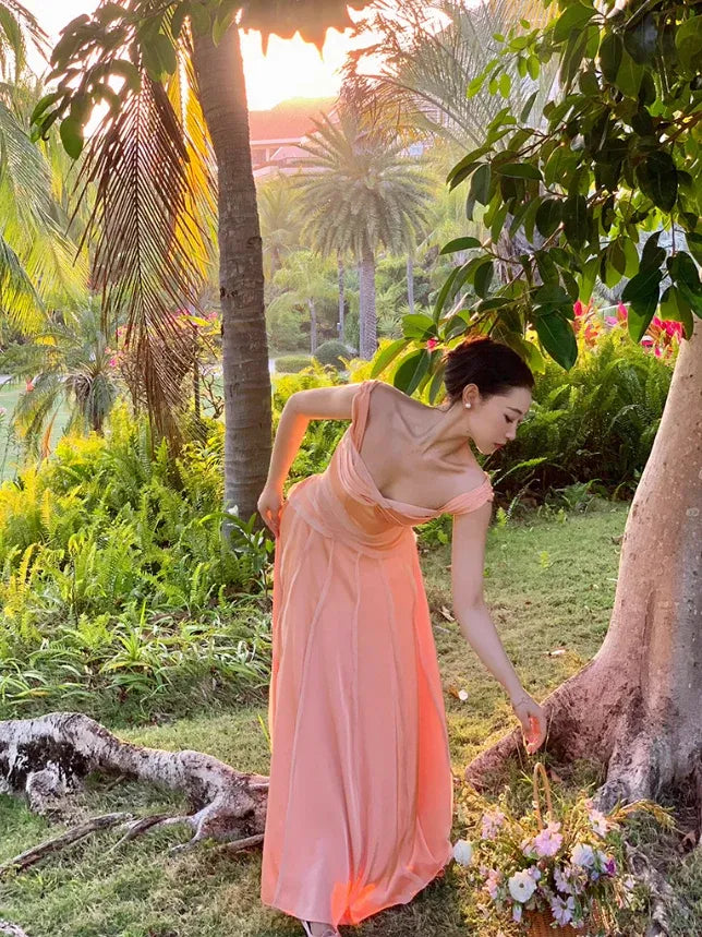 Peach Pink Satin Backless Cap Sleeve A-Line Maxi Dress
