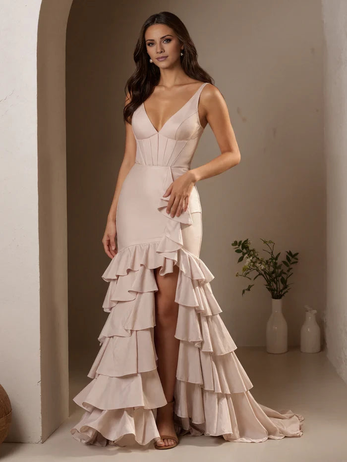 Pearl Pink Straps V-Neck A-Line Layers Sweep Brush Train Prom Dress with Slit